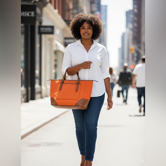 Michael Kors Handbags - Michael Kors Aria Large Tote in Bright Orange Coated Fabric and tan leather trim